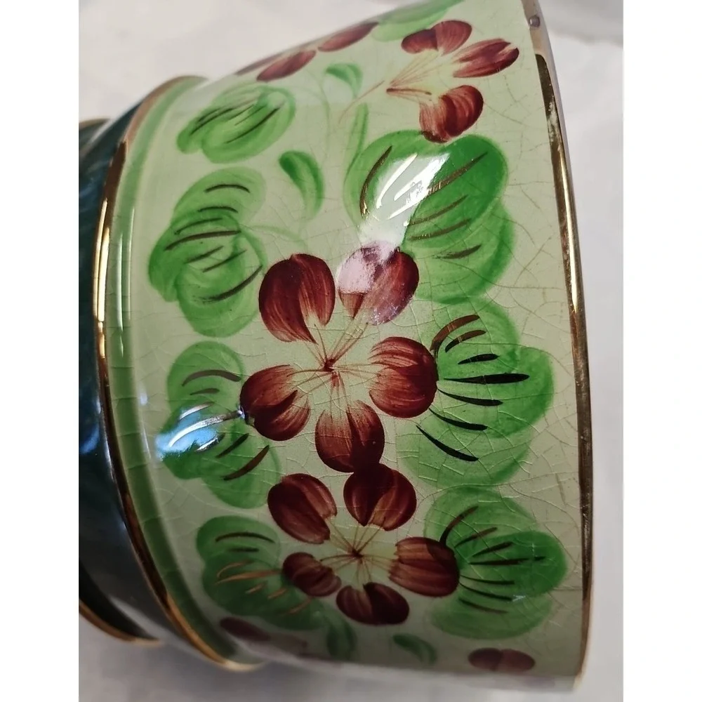 Vintage Cache Pot Planter # 1760 with Red flowers and Gold Trim
